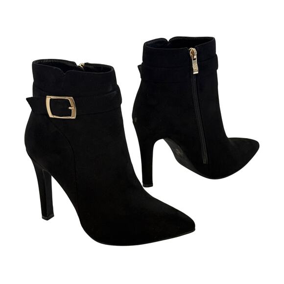 Idifu Dana Pointed Toe Stiletto High Heels Ankle Bootie Sz 6.5 Faux Suede Buckle - Picture 1 of 9